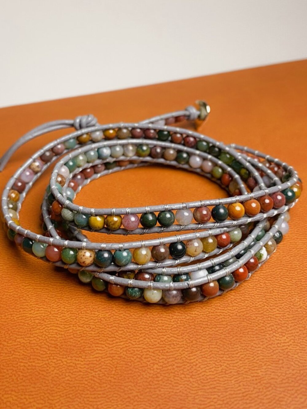 Lulu Dharma Men's Gemstone Earth Tone Beaded Grey Leather Cord Wrap Bracelet